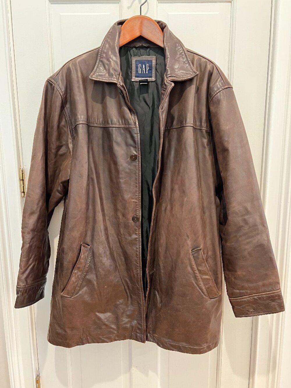 Gap Vintage Distressed Men’s Brown Leather Car Coat Jacket Button-Down Y2K
